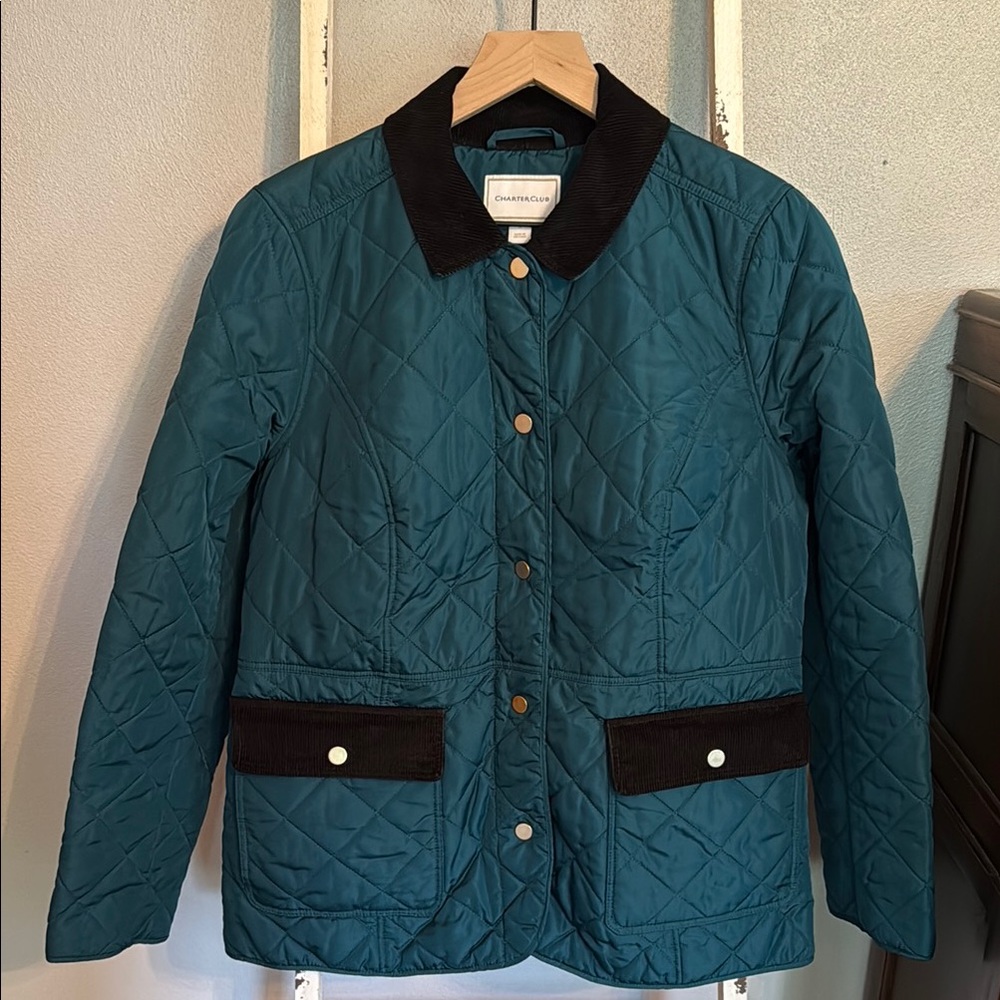 Charter Club Teal Size M Quilted Jacket with Black Corduroy Accents
